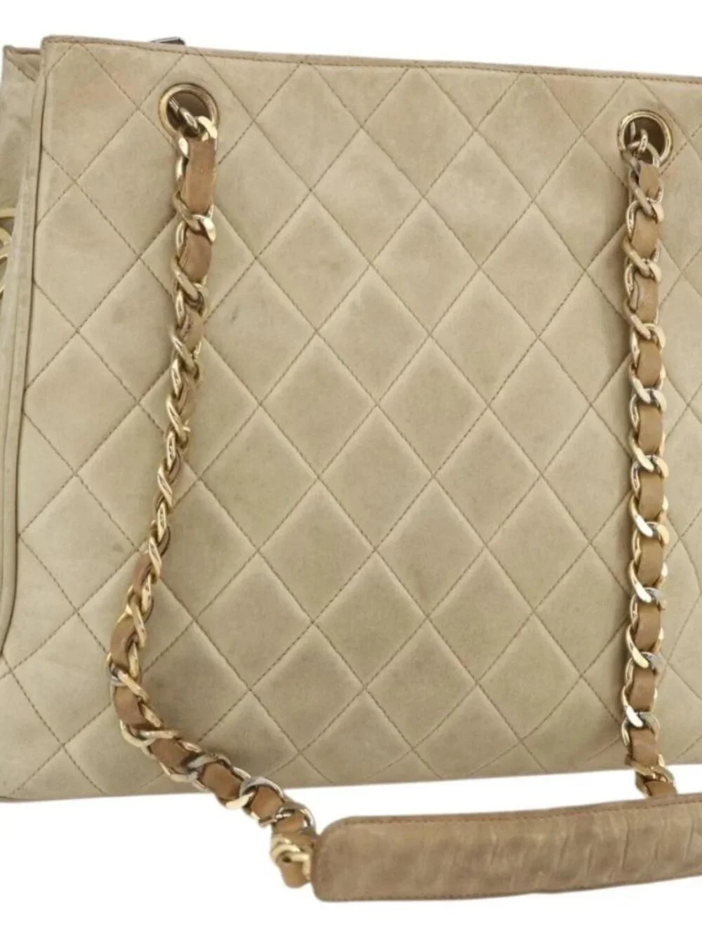 CHANEL Chain Matelasse Tote Bag Lamb Skin Beige Gold CC Auth bs32364
